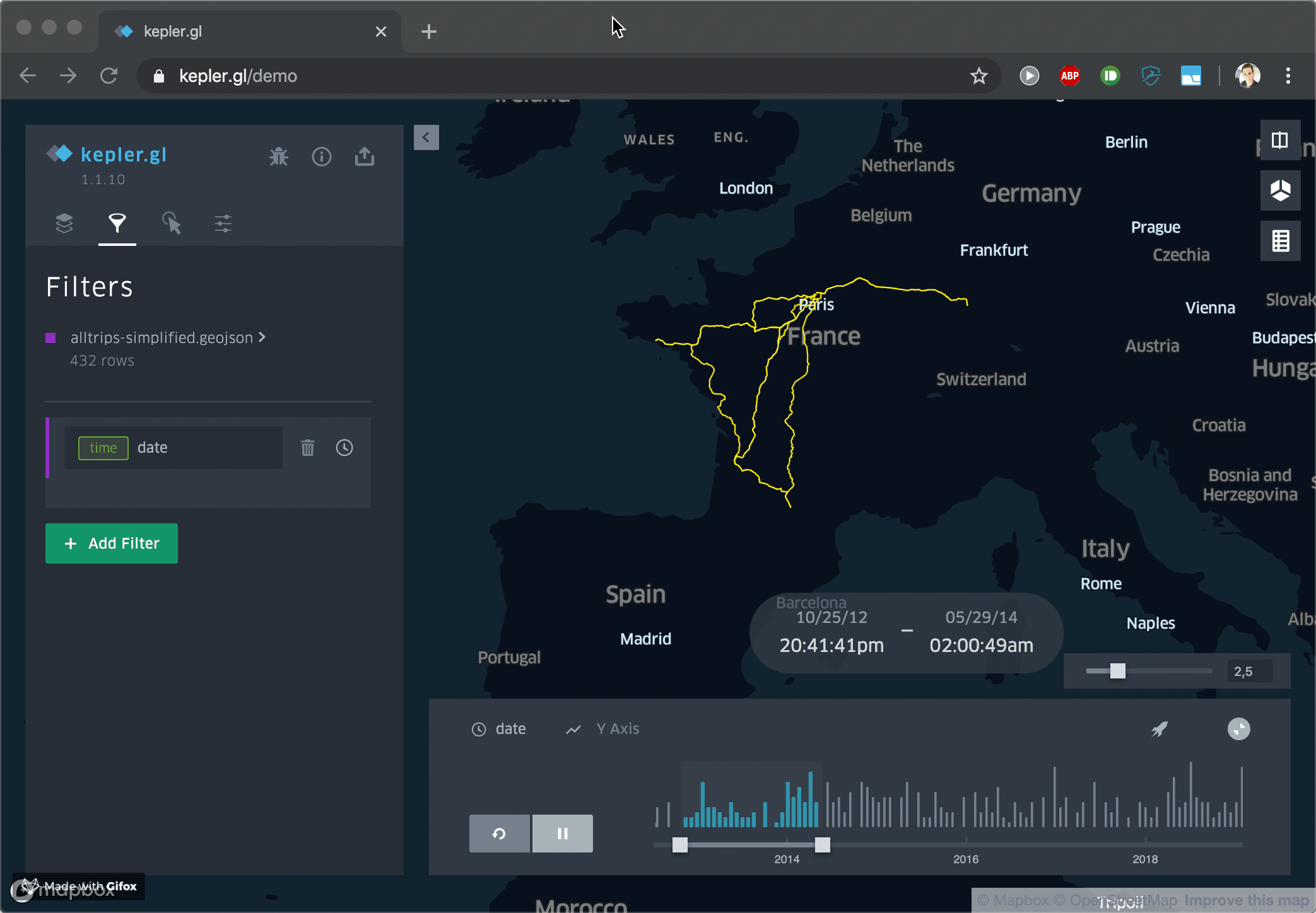 Animation of my trips on a European map changing over the years.