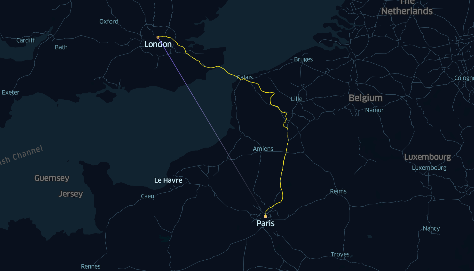 European map showing a line between London and Paris and the real train route.