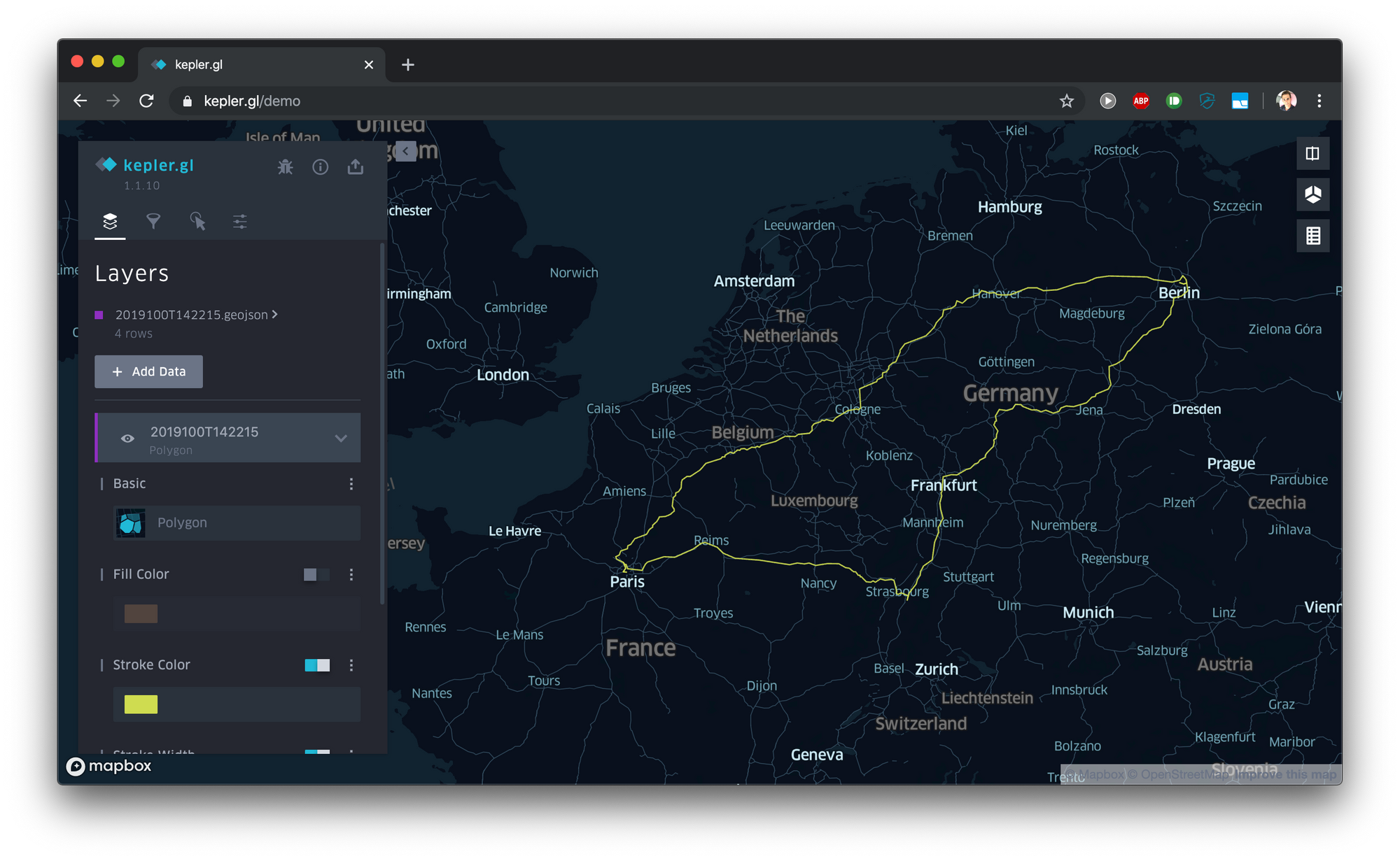 Screenshot of Kepler.gl showing the GeoJSON created in the previous screenshot.